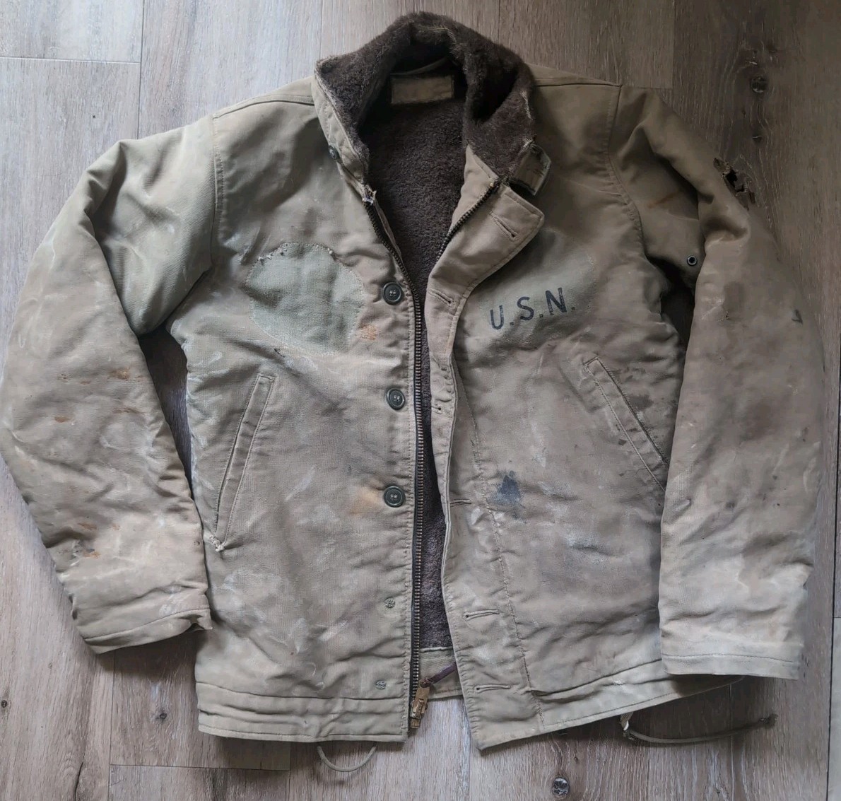 VTG 40s WWII US Navy N1 Deck Jacket Alpaca Lined Jungle Cloth USN Named Stencil