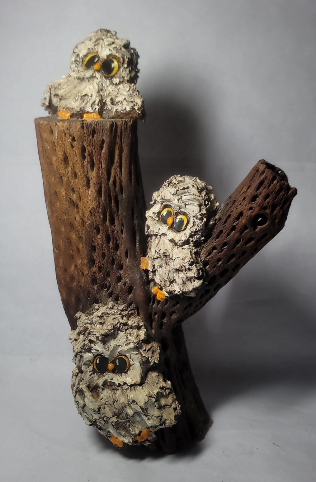 Vtg 1970s Kitschy Big Eyed Owl Fanily on Chola Cactus Sculpture Whimsical MCM