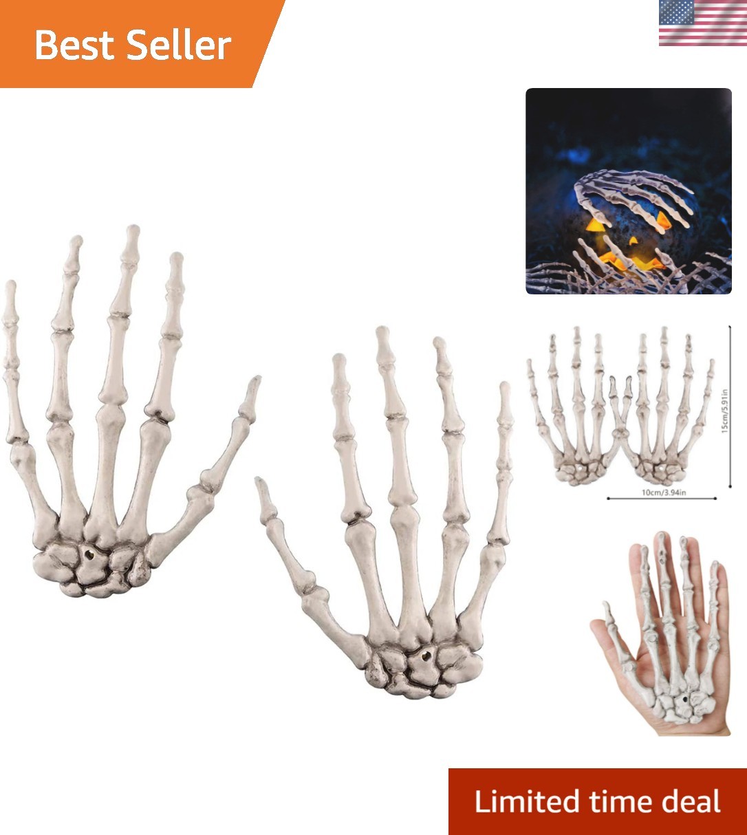 Realistic Severed Skeleton Hands - 2 Pack for Creepy Halloween Displays