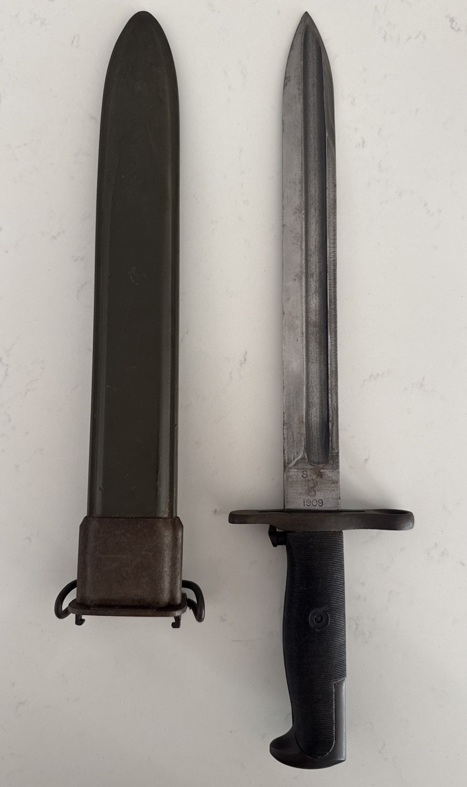 RARE VINTAGE US SA SPRINGFIELD ARMORY MODEL 1909 BAYONET KNIFE IN SHEATH