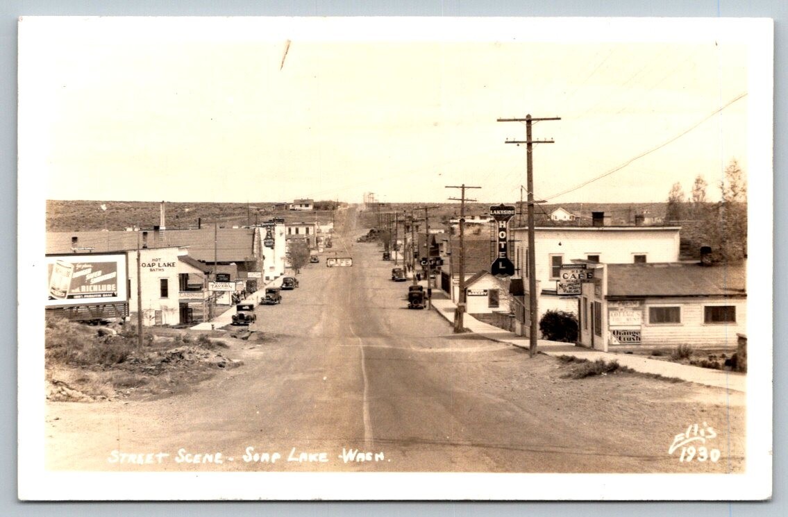 1930  RPPC  Soap Lake   Washington  Sunset Scene  Orange Crush Sign   Postcard