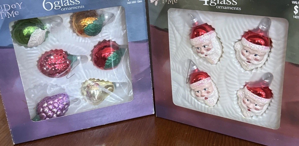 2 Boxes Vintage Hand Crafted Glass Ornaments Total Of 10