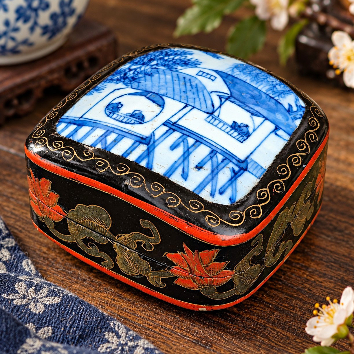 Vintage Chinese Lacquer Porcelain Shard Box Blue White Chinoiserie Trinket