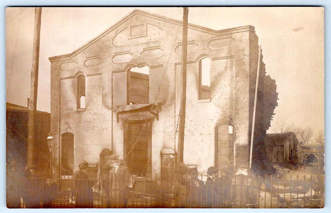 1910\'s RPPC BURNED OUT BUILDING IRON FENCE BARN LOCATION UNKNOWN PHOTO POSTCARD