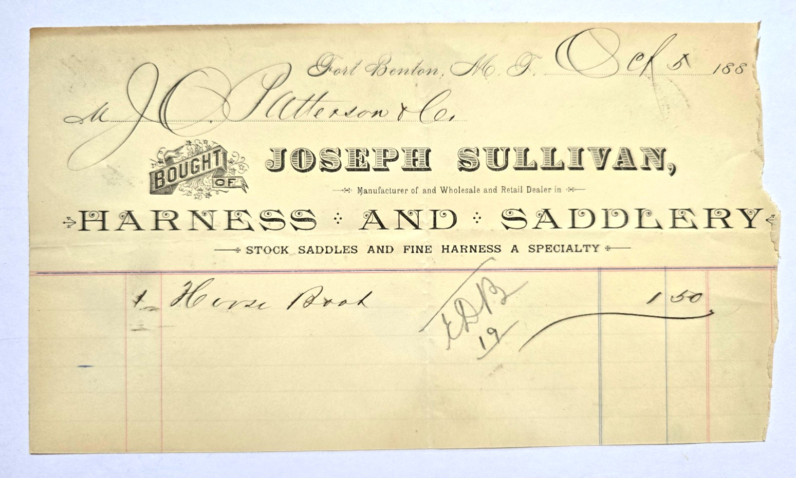 Antique Billhead/Invoice JOSEPH SULLIVAN, HARNESS AND SADDLERY Oct. 5 *1880's