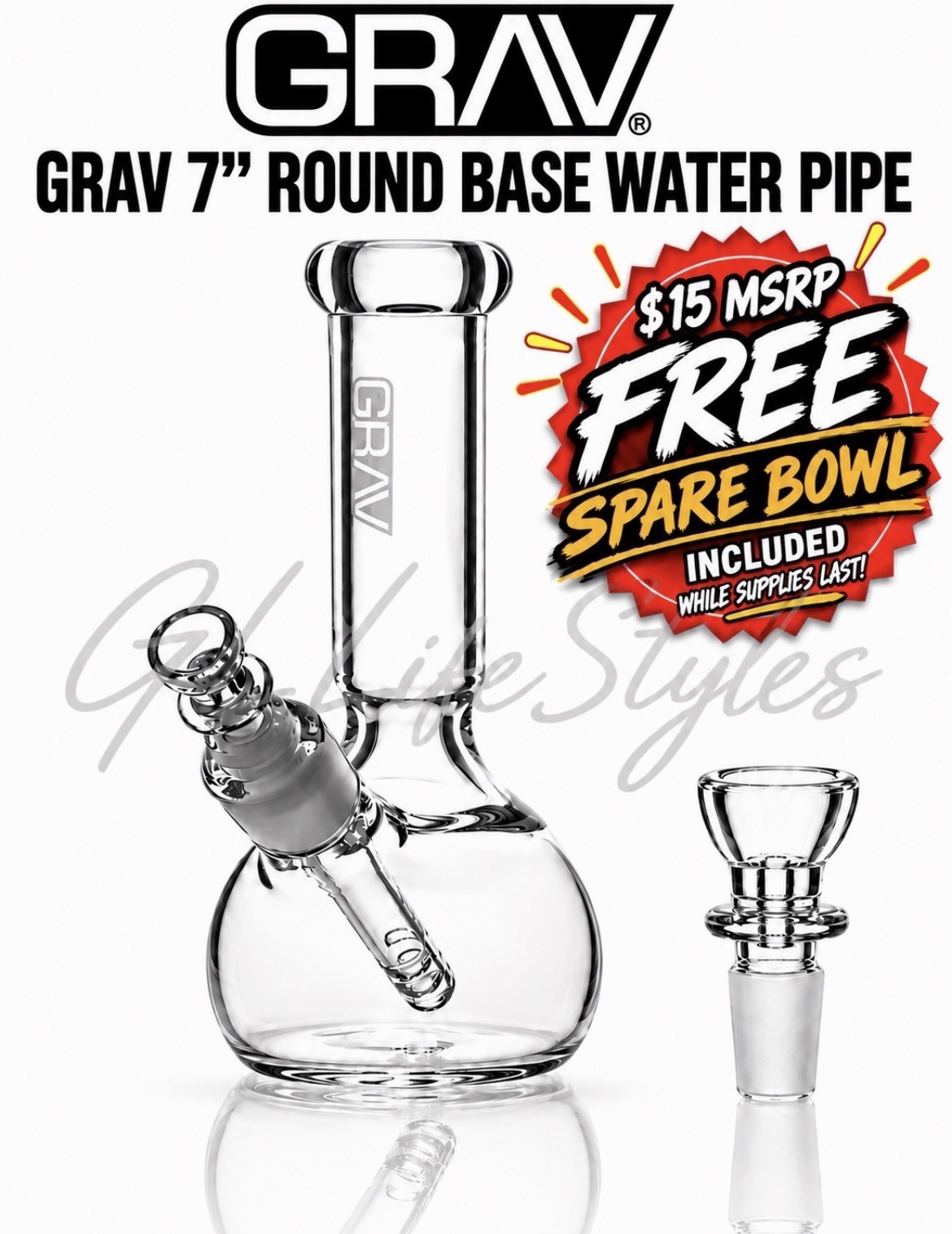 GRAV® SMALL 7” ROUND BASE WATER PIPE BONG, ICE PINCH, REMOVABLE STEM, CLEAR