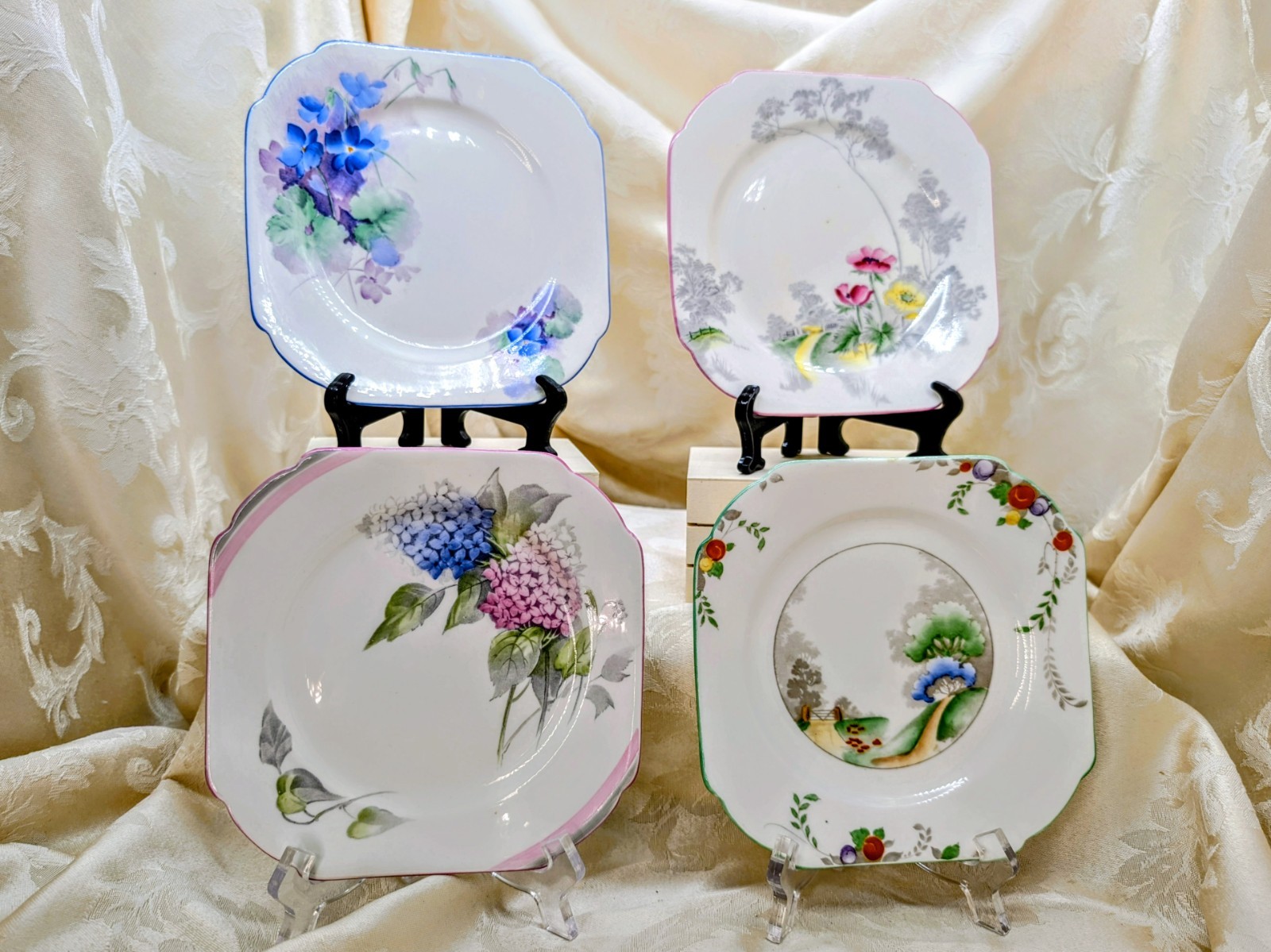 4 Rare Vintage Shelley Art Deco Square Plates Hand Painted Floral 1930s Violets 