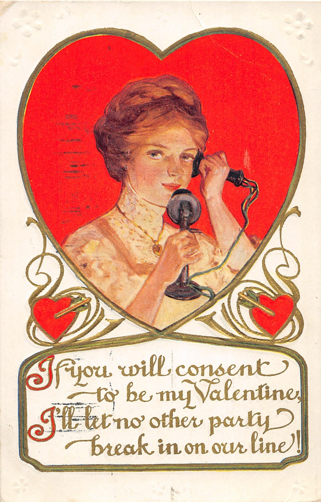 F66/ Valentine\'s Day Love Holiday Postcard c1910 Woman Telephone 22