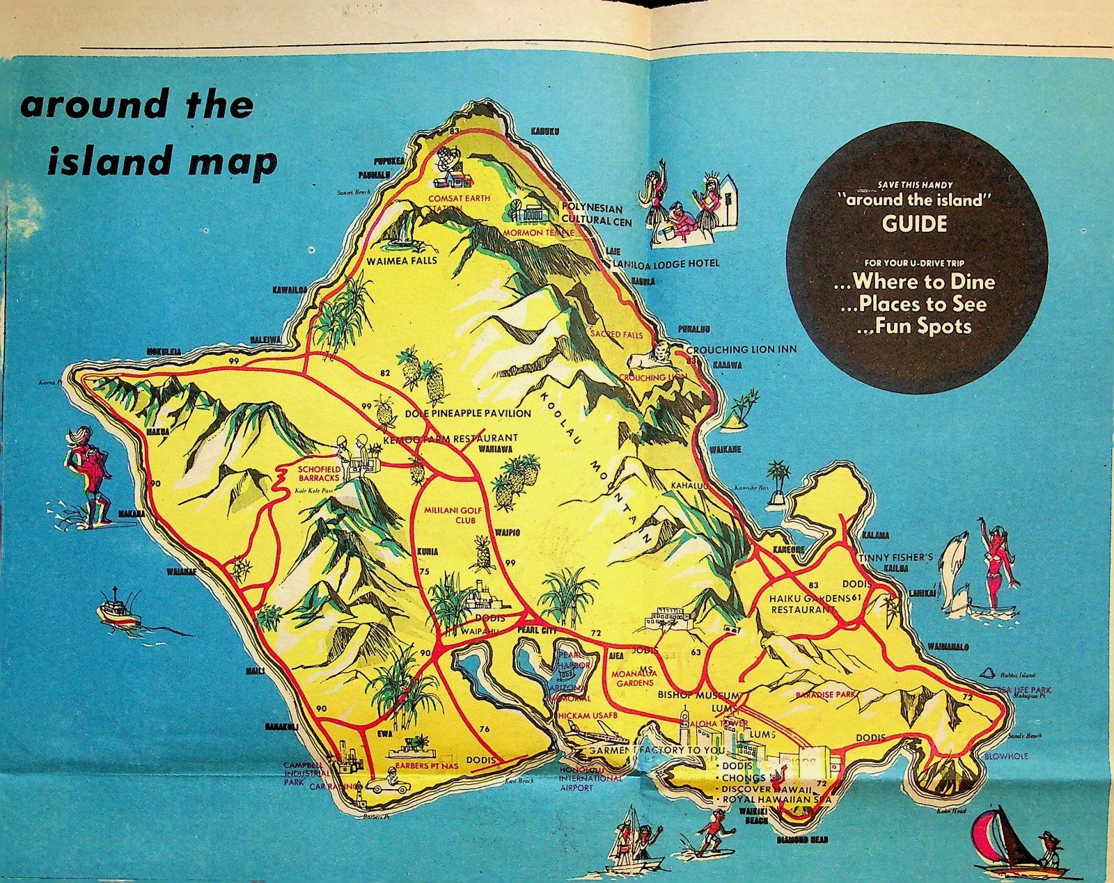 Vintage Oahu Hawaii Tourist Map Brochure Around The Island Guide Waikiki 9x12