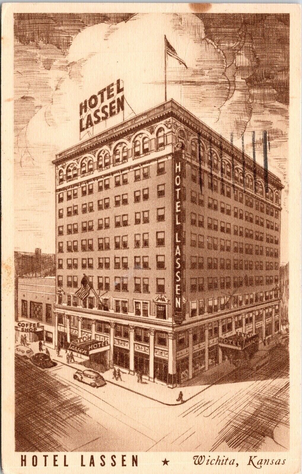 Hotel Lassen Wichita Kansas KS Postcard PM Cancel WOB Note VTG Vintage