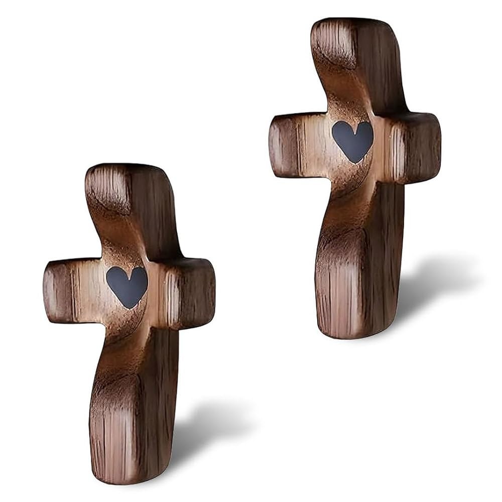 Vrouwengeld 2Pcs Wooden Pocket Cross My Heart, Stress Relief Cross Fidget, Wo...