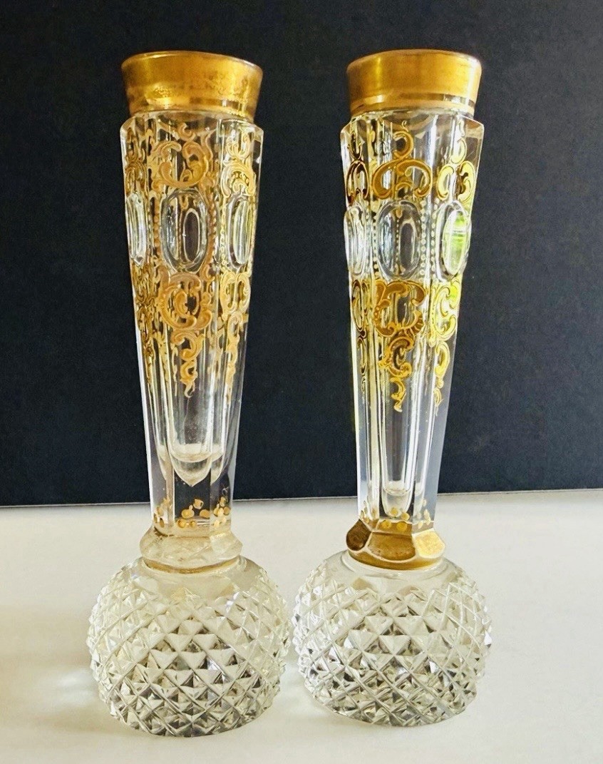 Fine Art Nouveau Bohemian JOSEPHINENHUTTE Faceted Glass Vase Gold Gilded Enamel