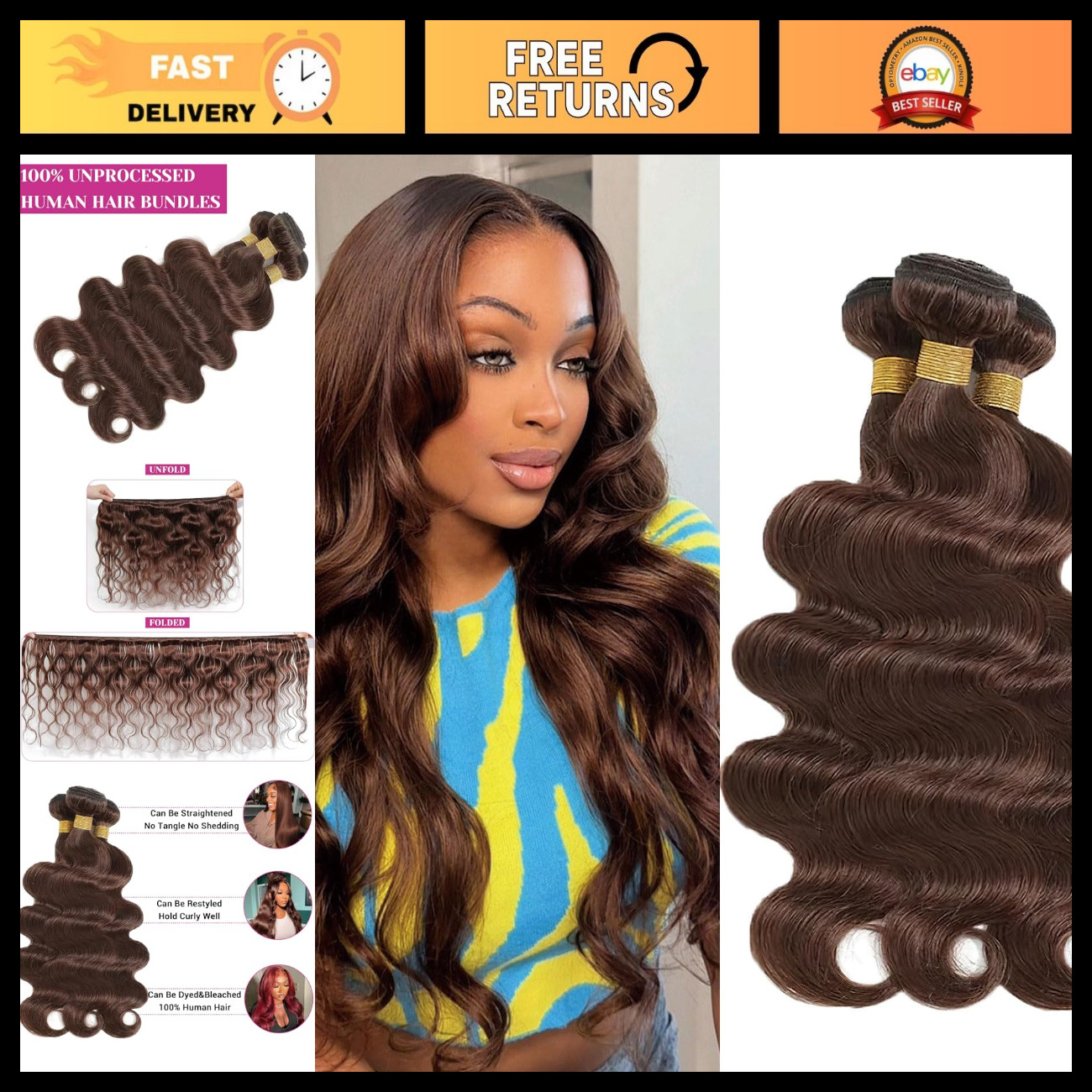 Chocolate Brown Body Wave Human Hair Bundles 3 bundles 18 20 22 Inch