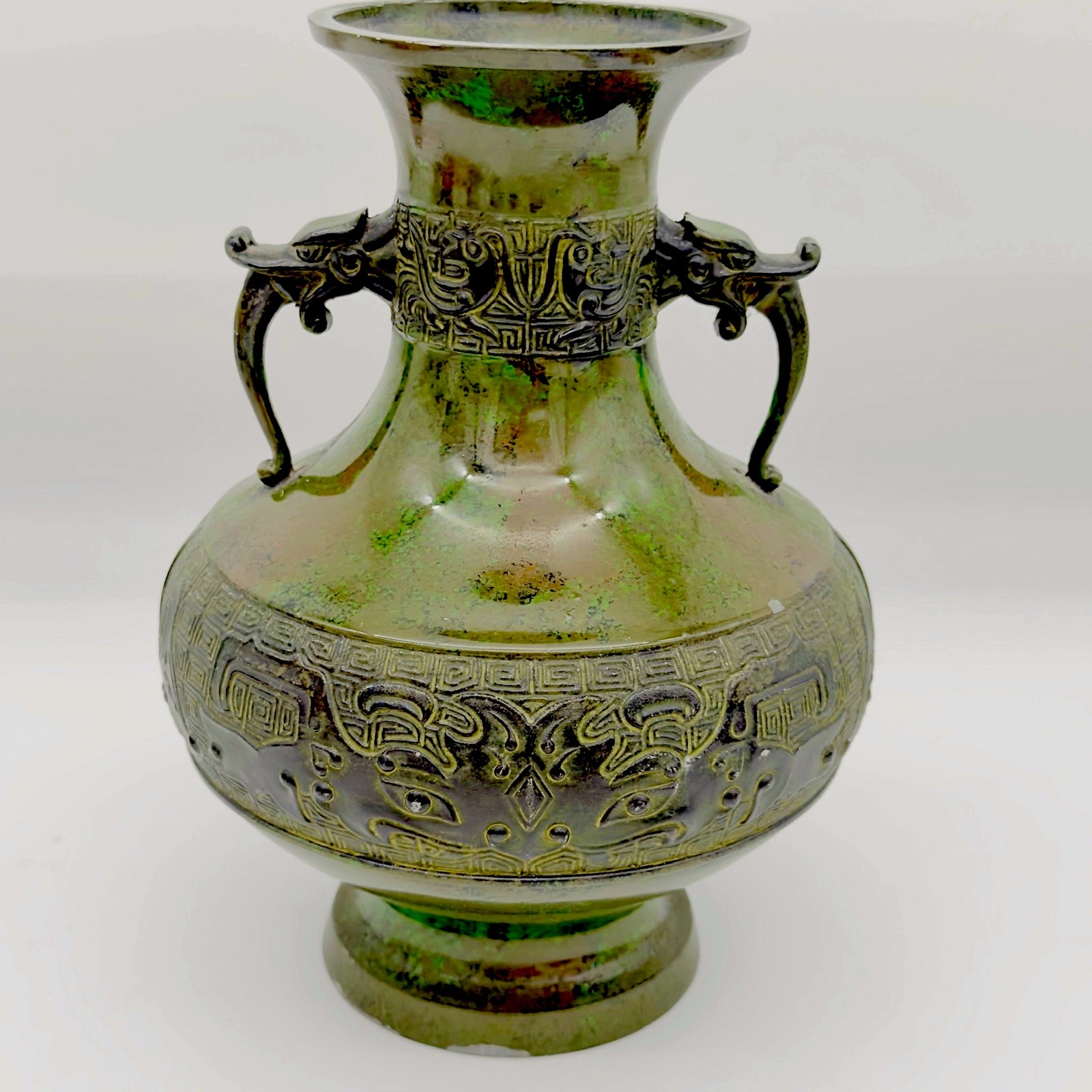 VTG Japanese Bronze Vase Dragon Handles Green Patina Relief Decor