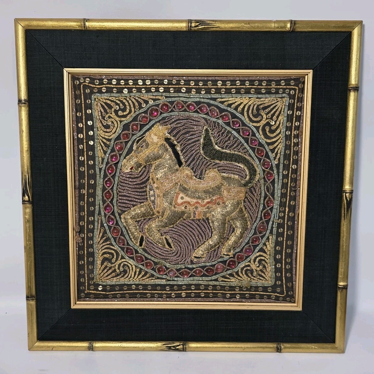 Vtg/Antique Burmese Kalaga Horse Tapestry Handmade Embroidered Sequin Framed