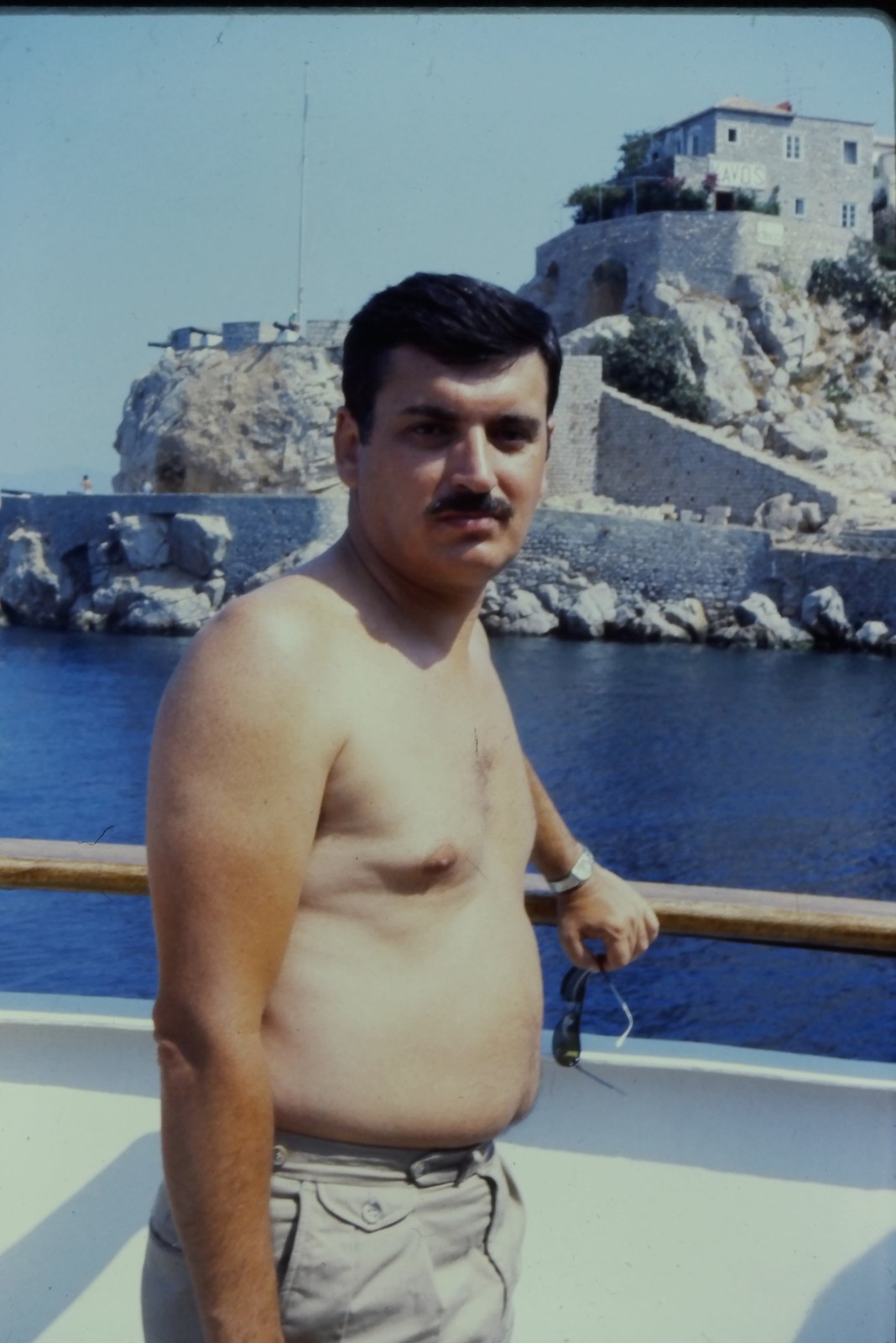 c1970\'s 35mm Slide, Man Shirtless Mustache Boat Cruise island summer red blue