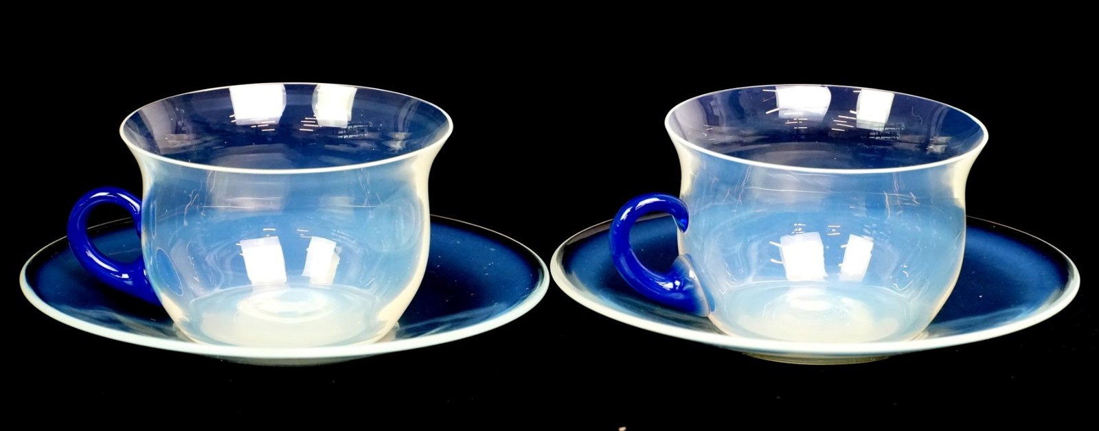 H.C. Fry Foval Opaline Glass Delft Blue Antique Pair 2 1/8