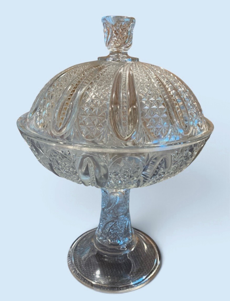 Antique EAPG McKee Glass Doric Feather Covered Compote Lidded Candy Bowl 1896