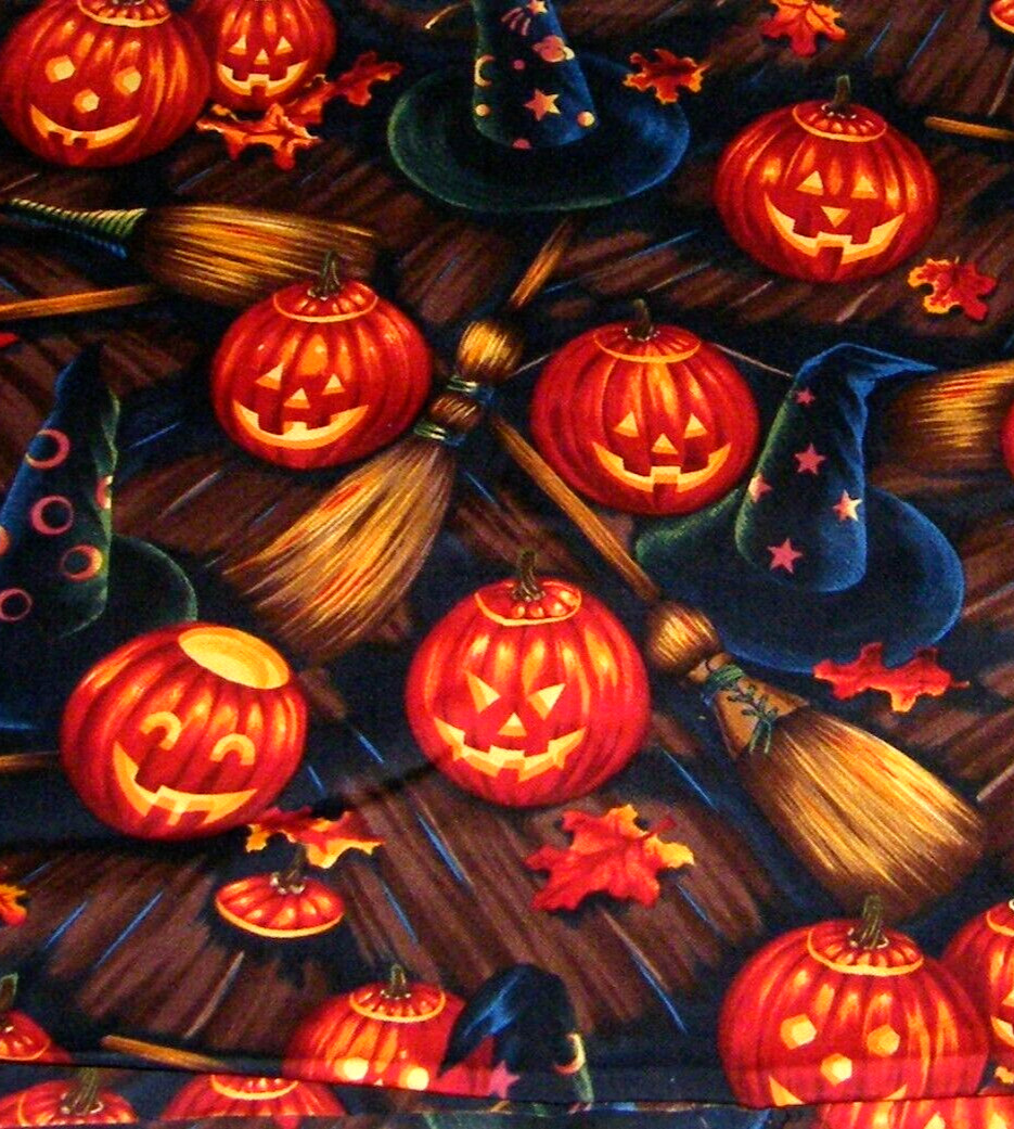 1 YARD Vtg 1998 Alexander Henry Bell Knob Broomstick Halloween Fabric JOL Witch