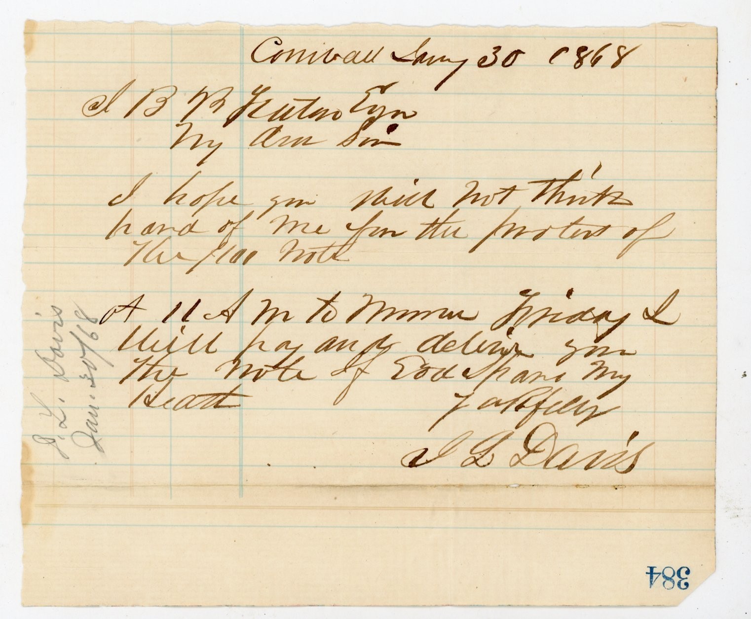1868 Handwritten Letter Cornwall NY J.L. Davis  Promissory Note Payment Antique