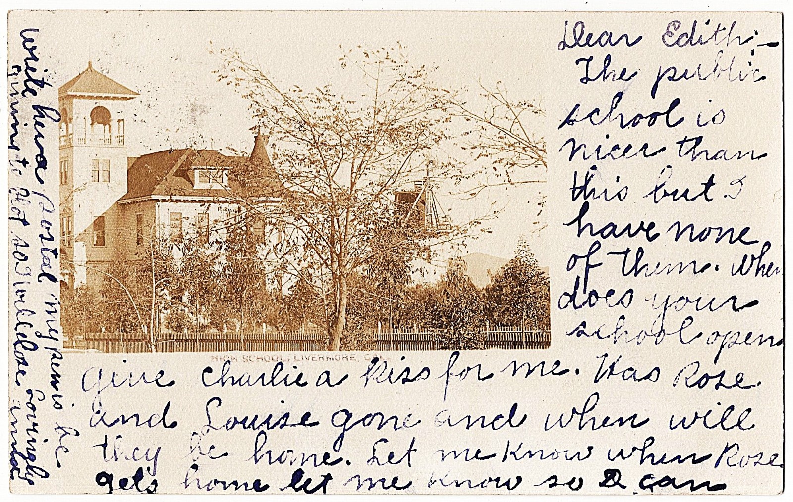 real photo Livermore CA - High School mailed 1906 antique postcard RPPC