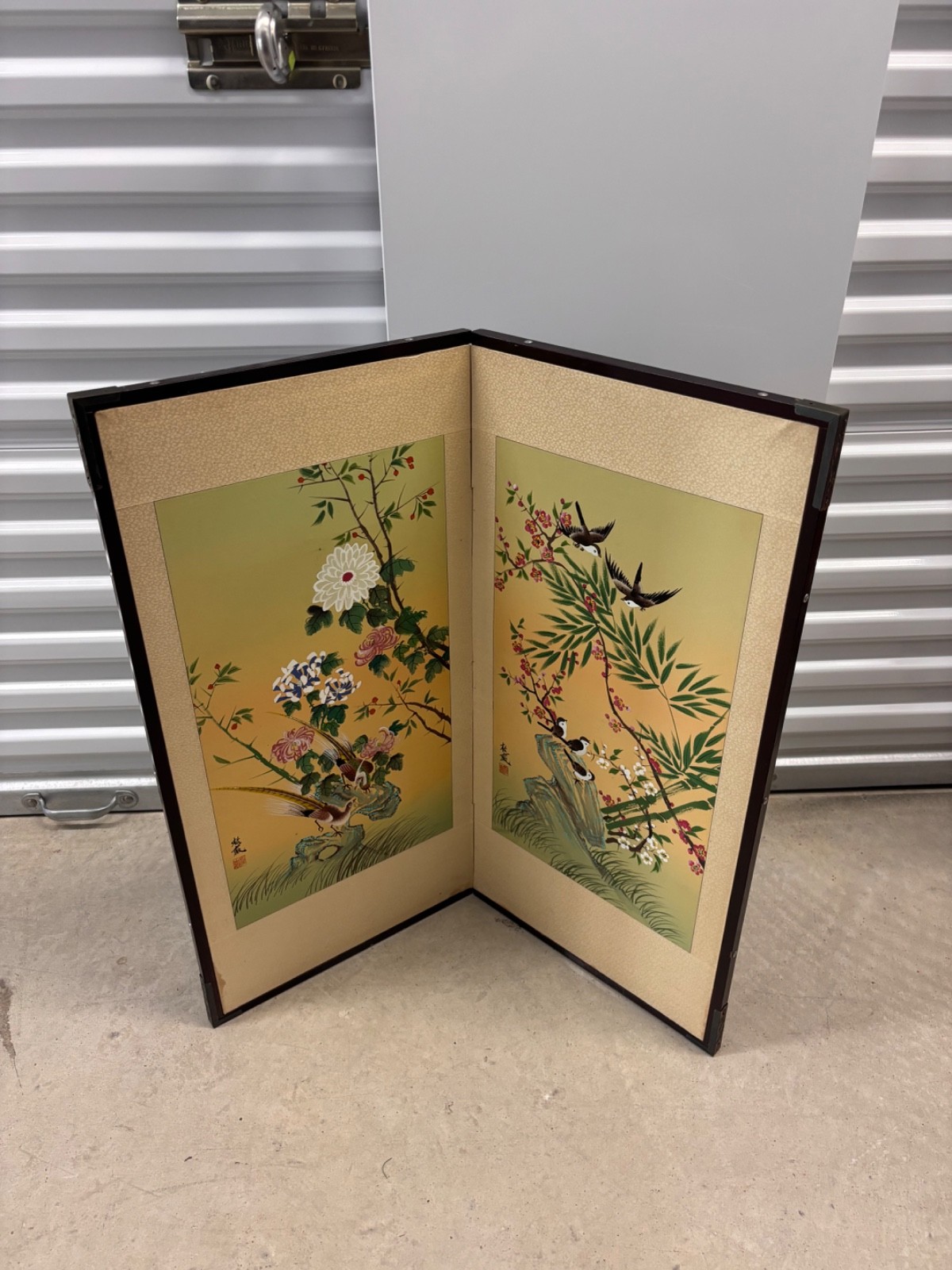 Vintage Asian Folding Screen Hand Painted Birds Flowers Gold Tone 2 Panel Decor