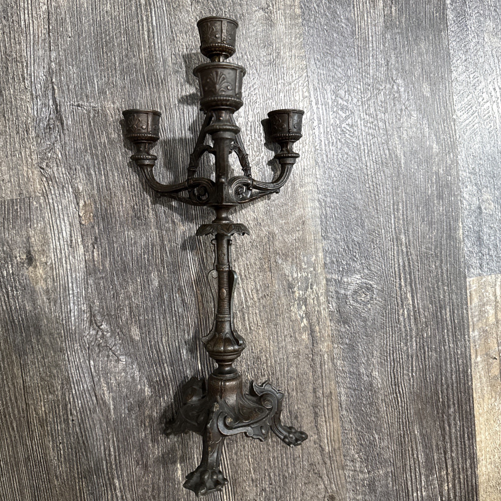 ANTIQUE 3 ARM BRONZE, BRASS CANDLEABRA KING LOUIS XVI STYLE TWISTED CANDLEHOLDER