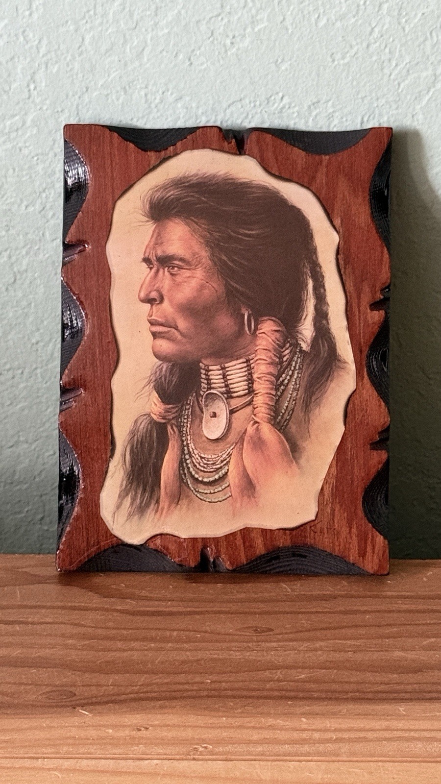 Vintage 1986 Native American Indian Portrait Wooden Wall Plaque Handmade Signed