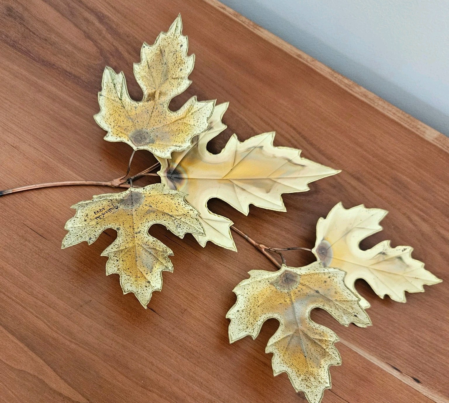 Vtg Maple Leaf Fall Wall Decor Art Signed Galhaith Brass Copper Splatter Finish 