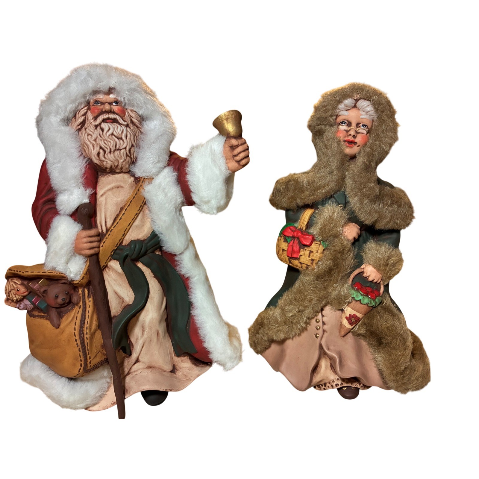 VTG 92 Atlantic Mold Santa Mrs Claus Hand Painted Ceramic Figurine Set FurRed
