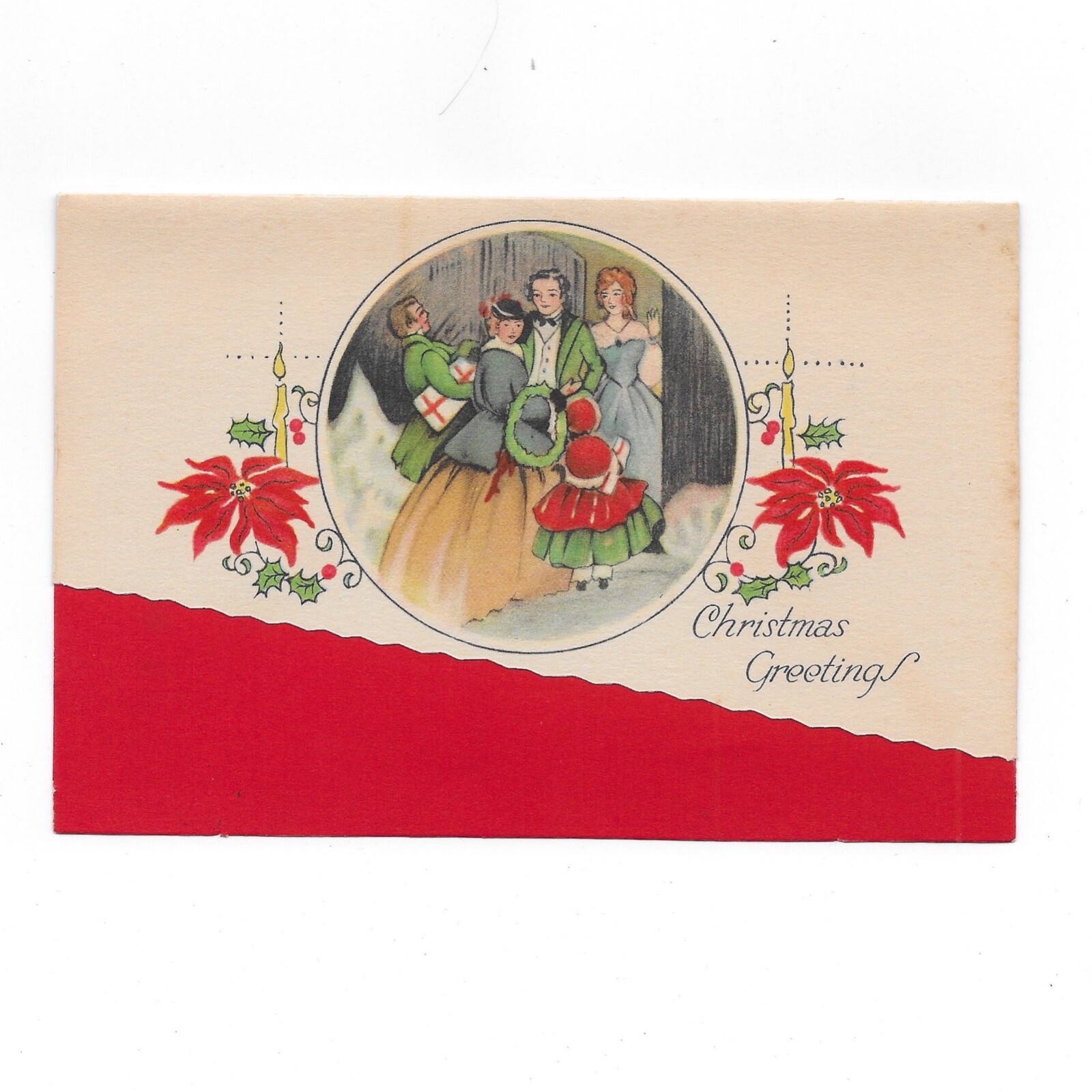 Vtg Used 1930s Victorian Christmas Greeting Card Art Deco Die Cut Craft Red 30s