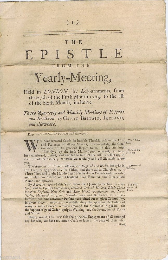 The Epistle from the Yearly-meeting: Held in London, 1765, John Gurney Clerk