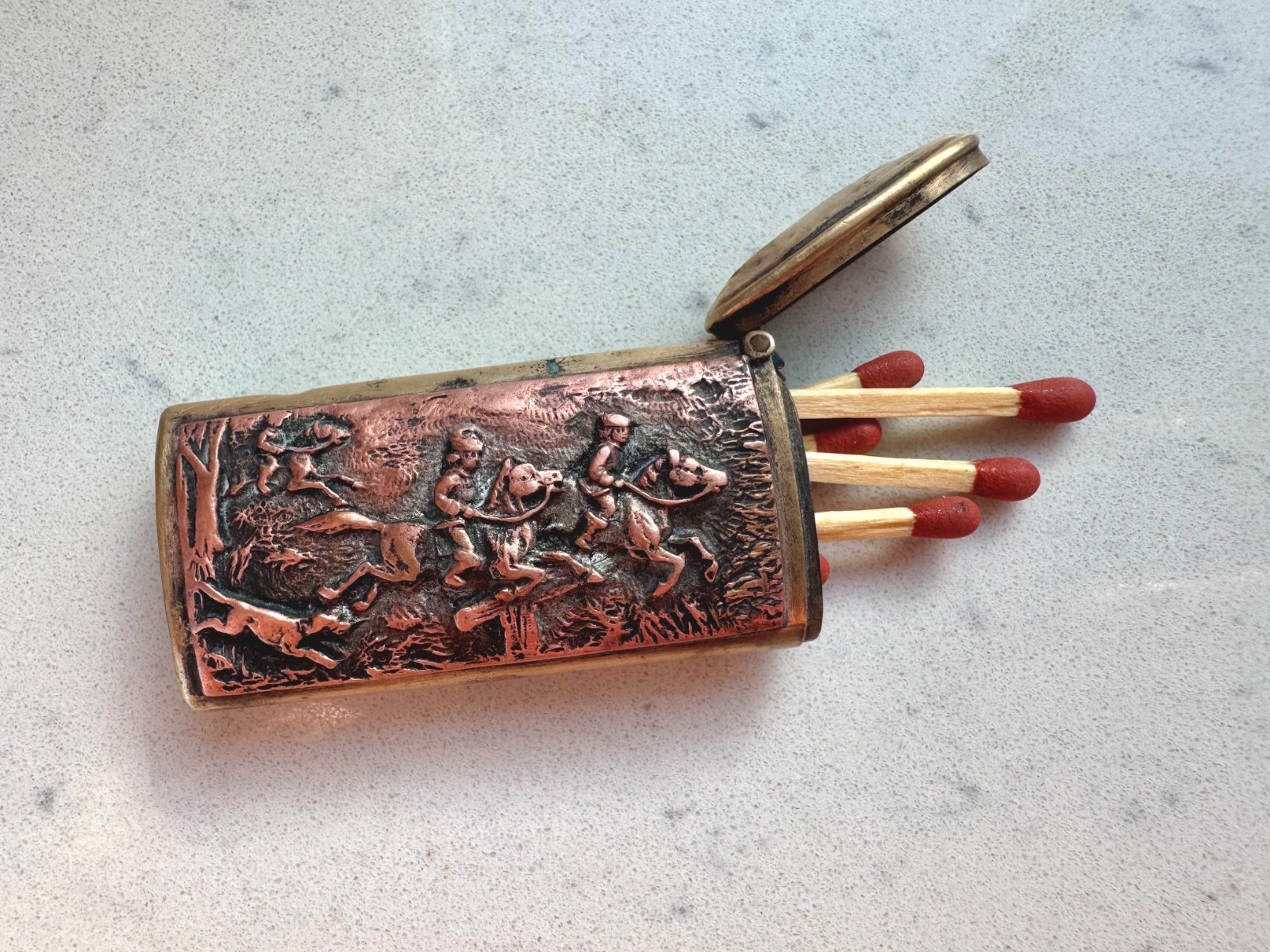 Antique 19th Cent. Pocket Vesta Case Match Safe Brass Copper Hunting Circa 1890s