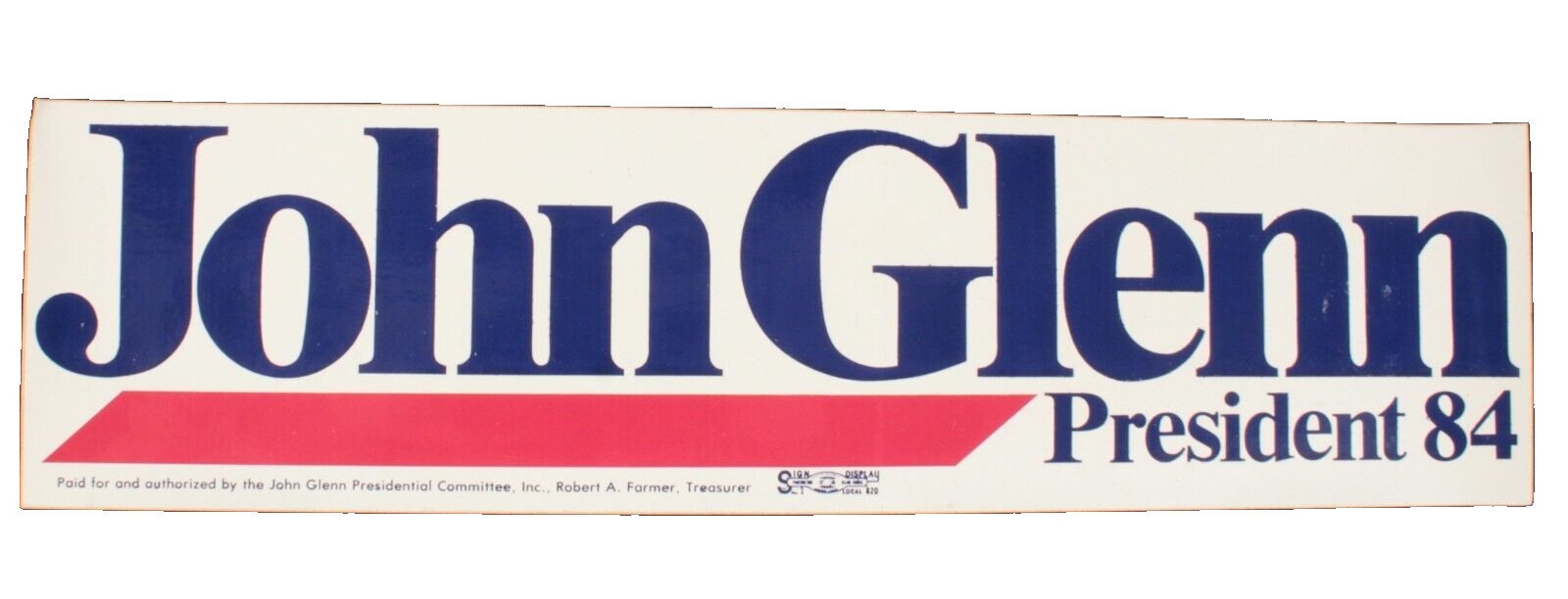 John Glenn President \'84 Bumper Sticker 11 X 3 Inches Vintage Original