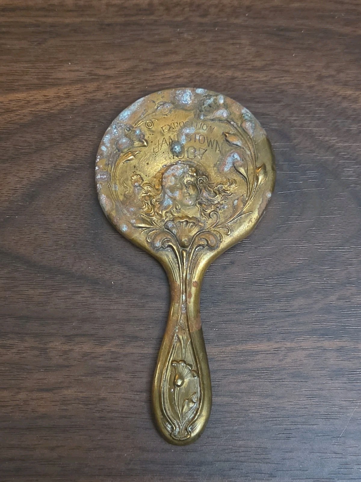 1907 Jamestown Expo Art Nouveau Souvenir Miniature Hand Mirror Antique Vintage 