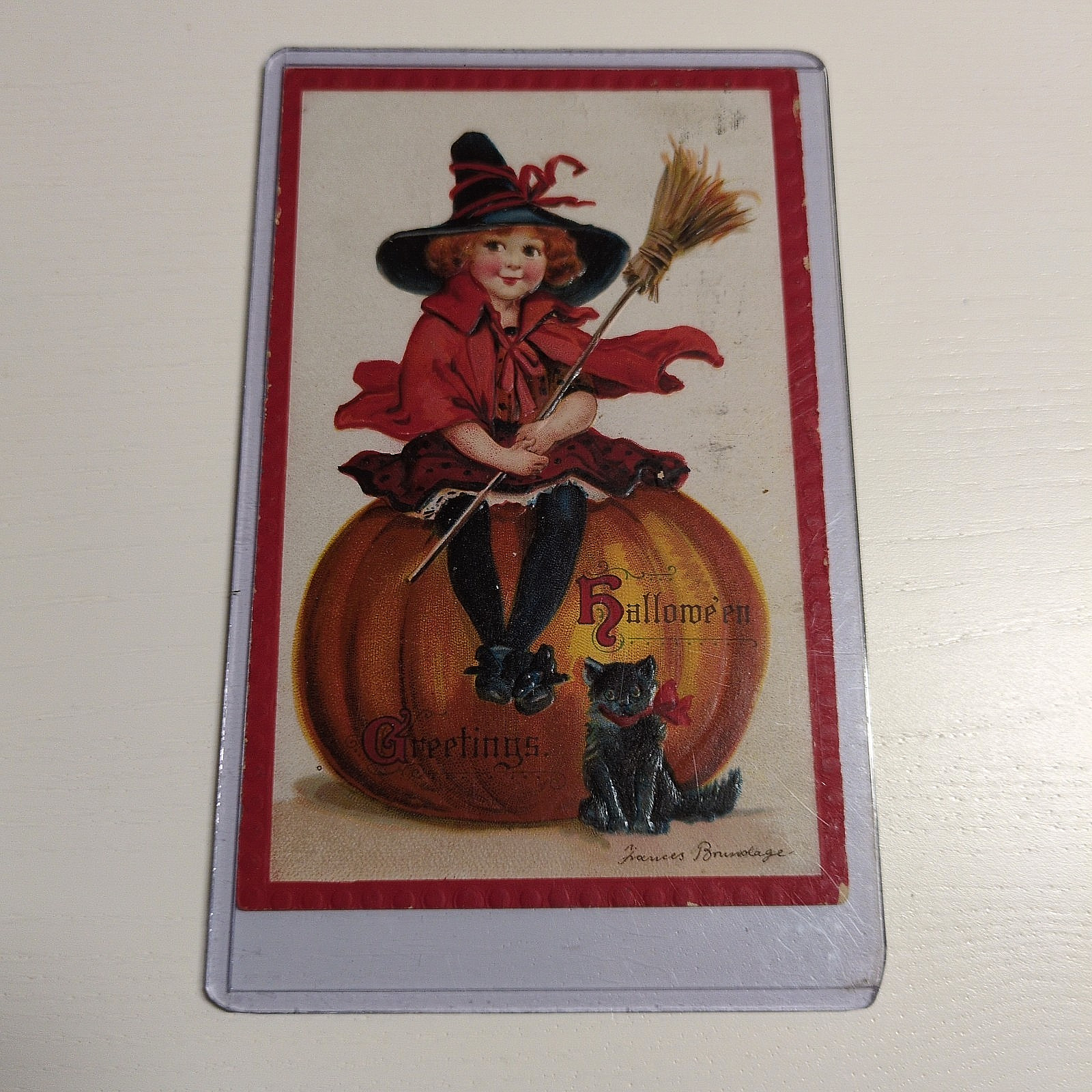 Antique 1911 Halloween Series No. 120 Girl Witch Black Cat Postcard Brundage