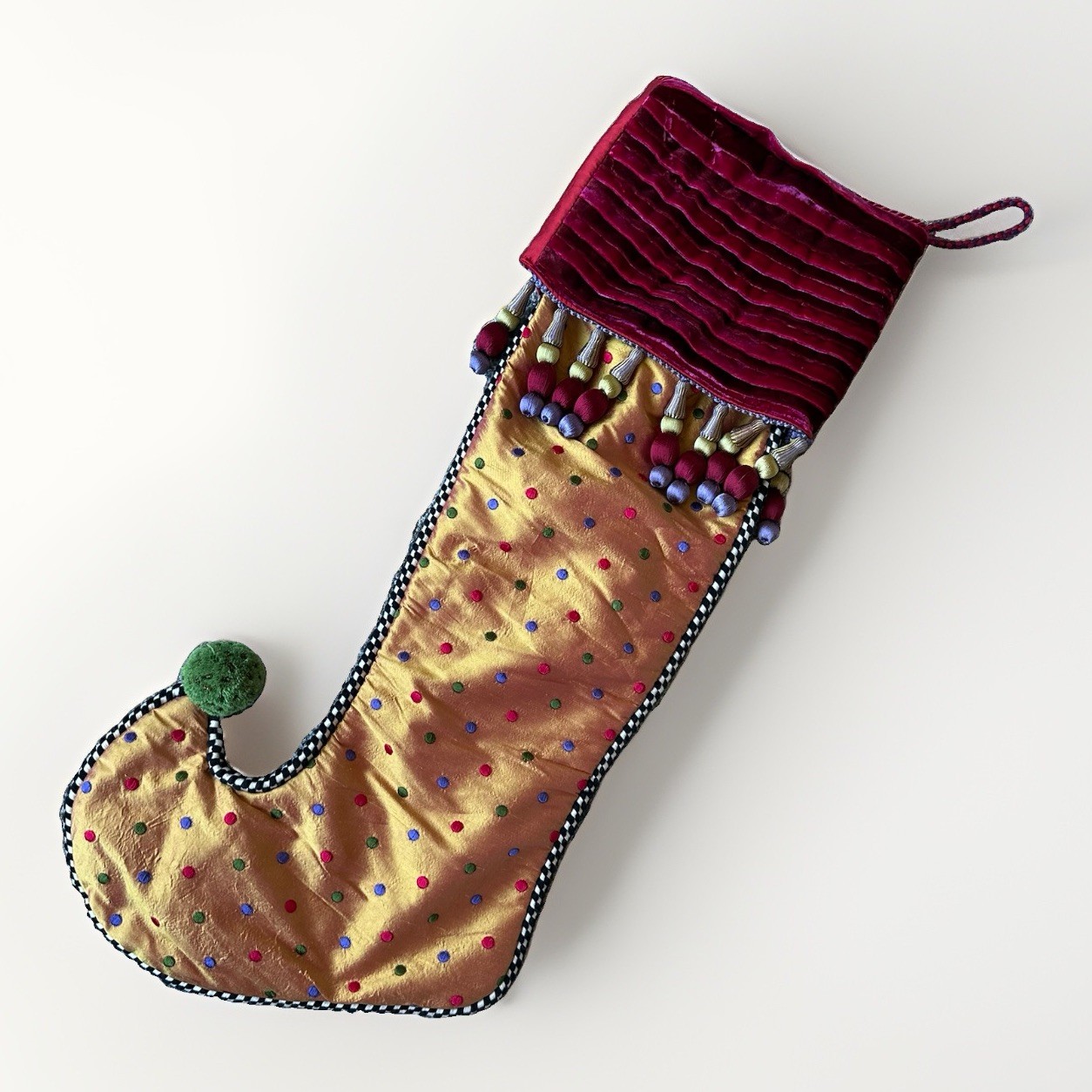 VTG Mackenzie Childs Jester Silk Christmas Stocking 29”  Gold Polkadot RARE HTF