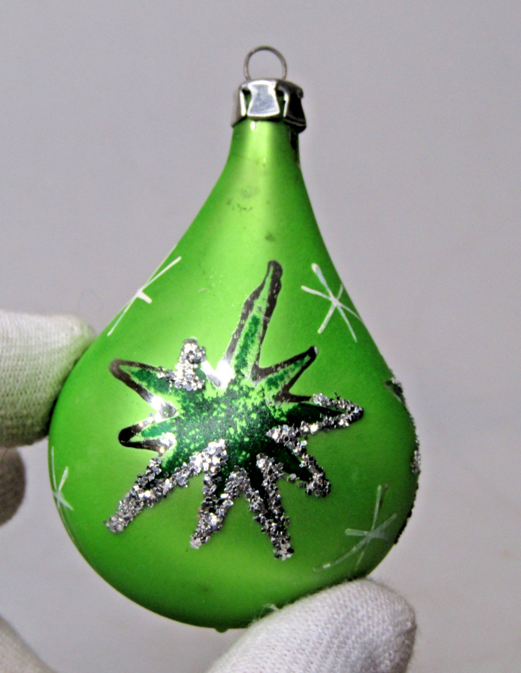 VTG Glass ATOMIC STAR PEAR Glitter DROP Christmas Ornament Fantasia Poland GREEN
