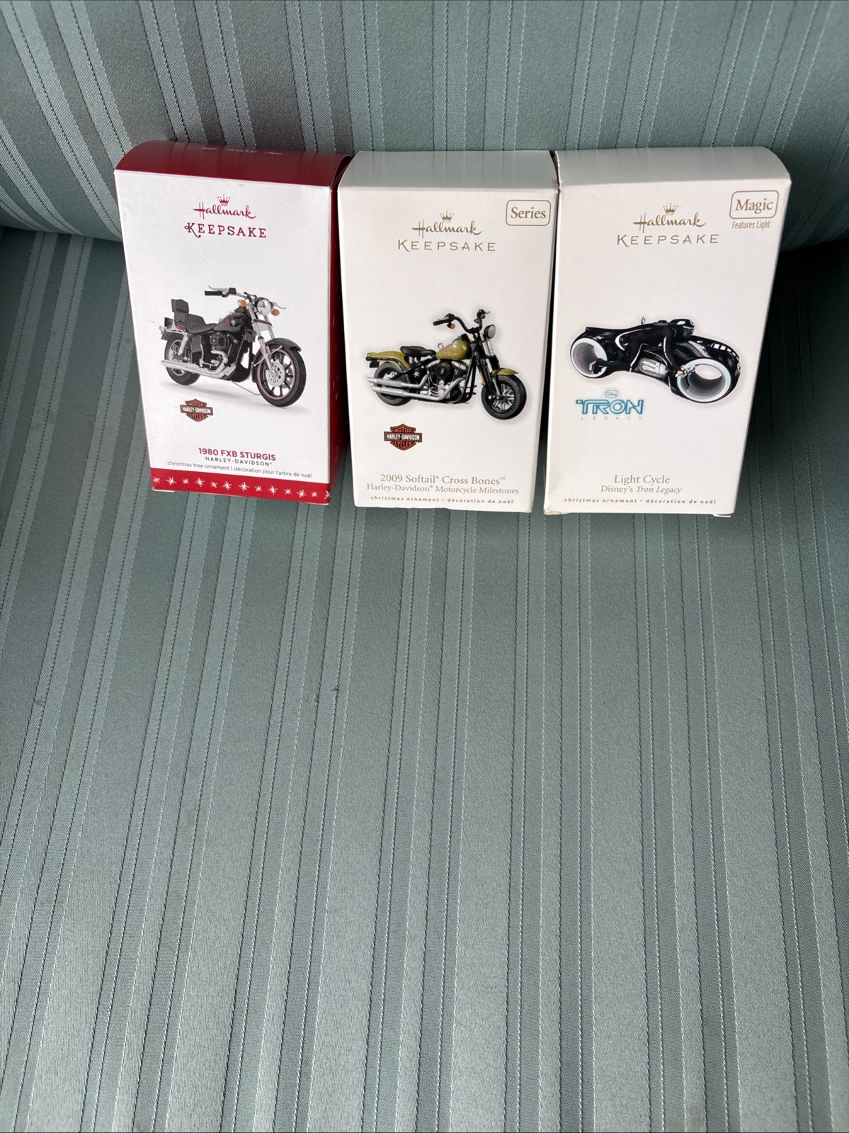Lot Of 3 Hallmark Ornaments 2 Harley-Davidsons & Disney Tron Legacy Light Cycle