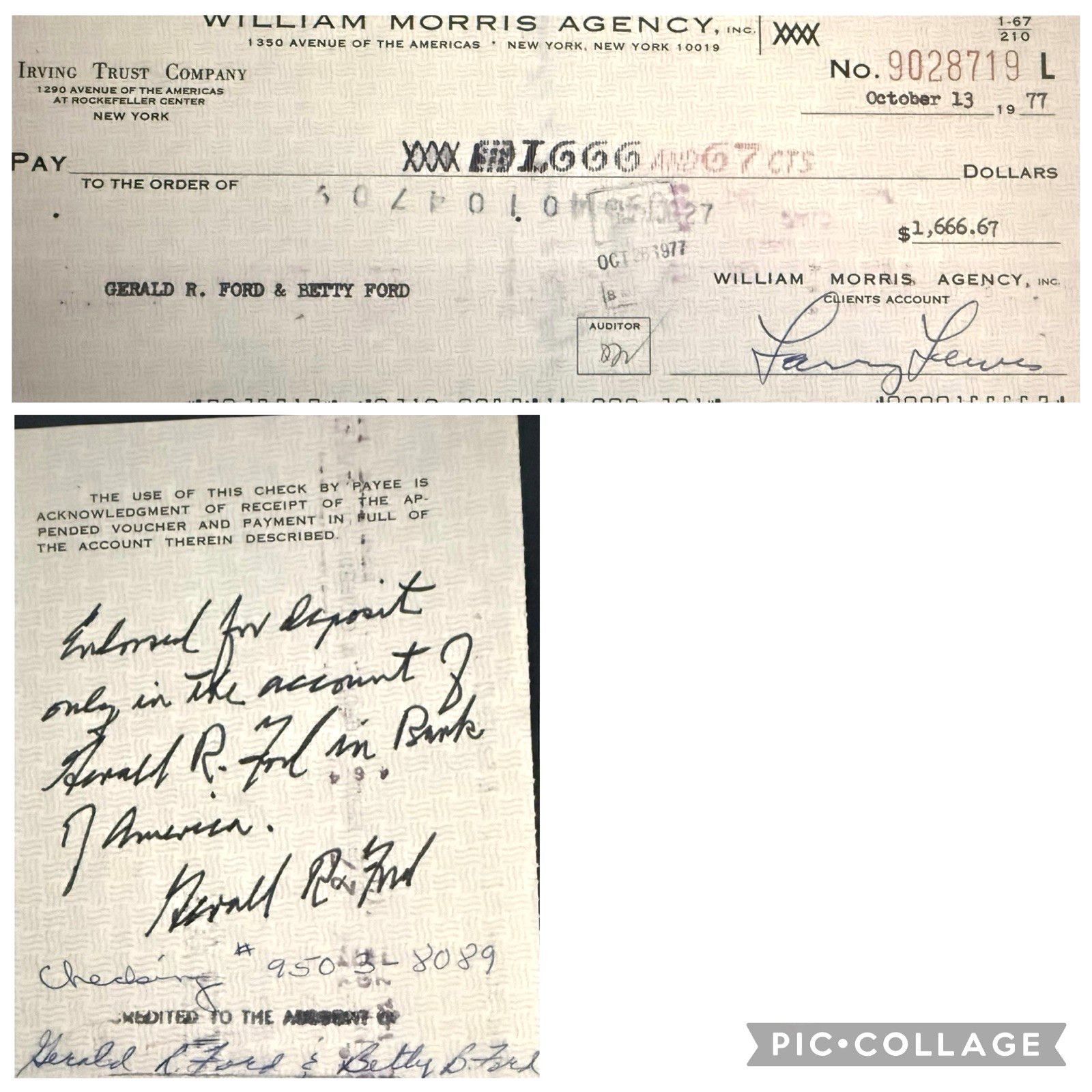 GERALD FORD 2X SIGNED & INSCRIBED RARE ORIG. 1977 WM. MORRIS PAYCHECK W/COA