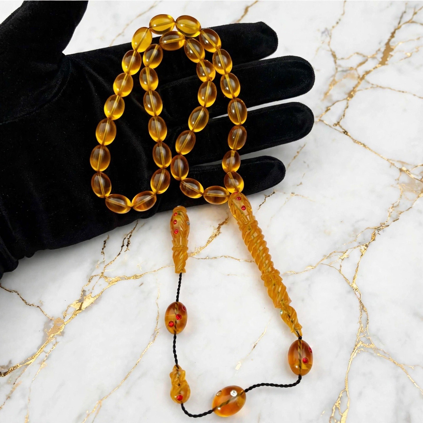 Antique German Faturan Tasbih 71g Transparent Honey Yellow Hand Carved Minaret