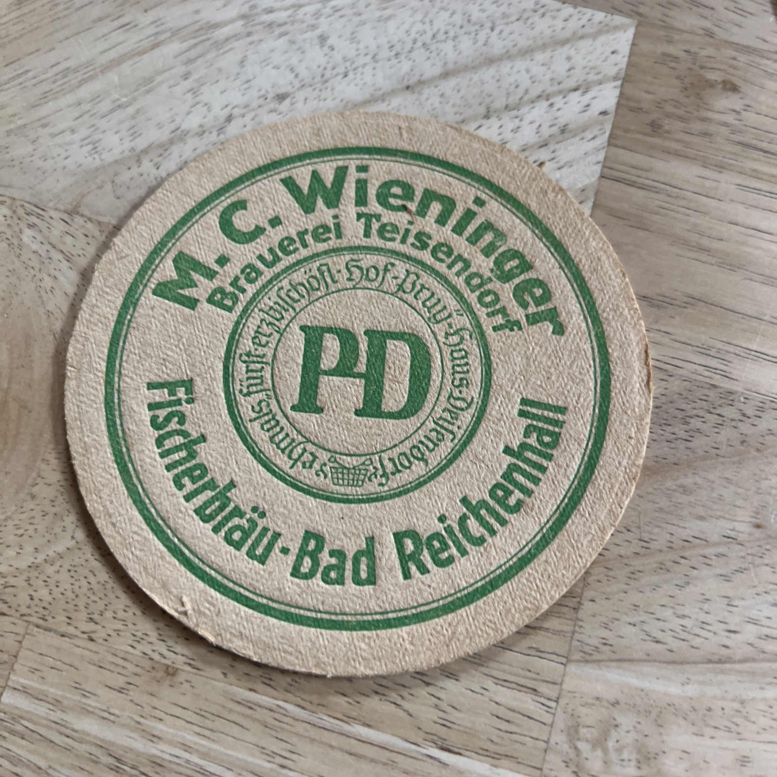 Vintage M.C. Wieninger Beer Coaster - Rare Fischerbräu-Bad Reichenhall Green