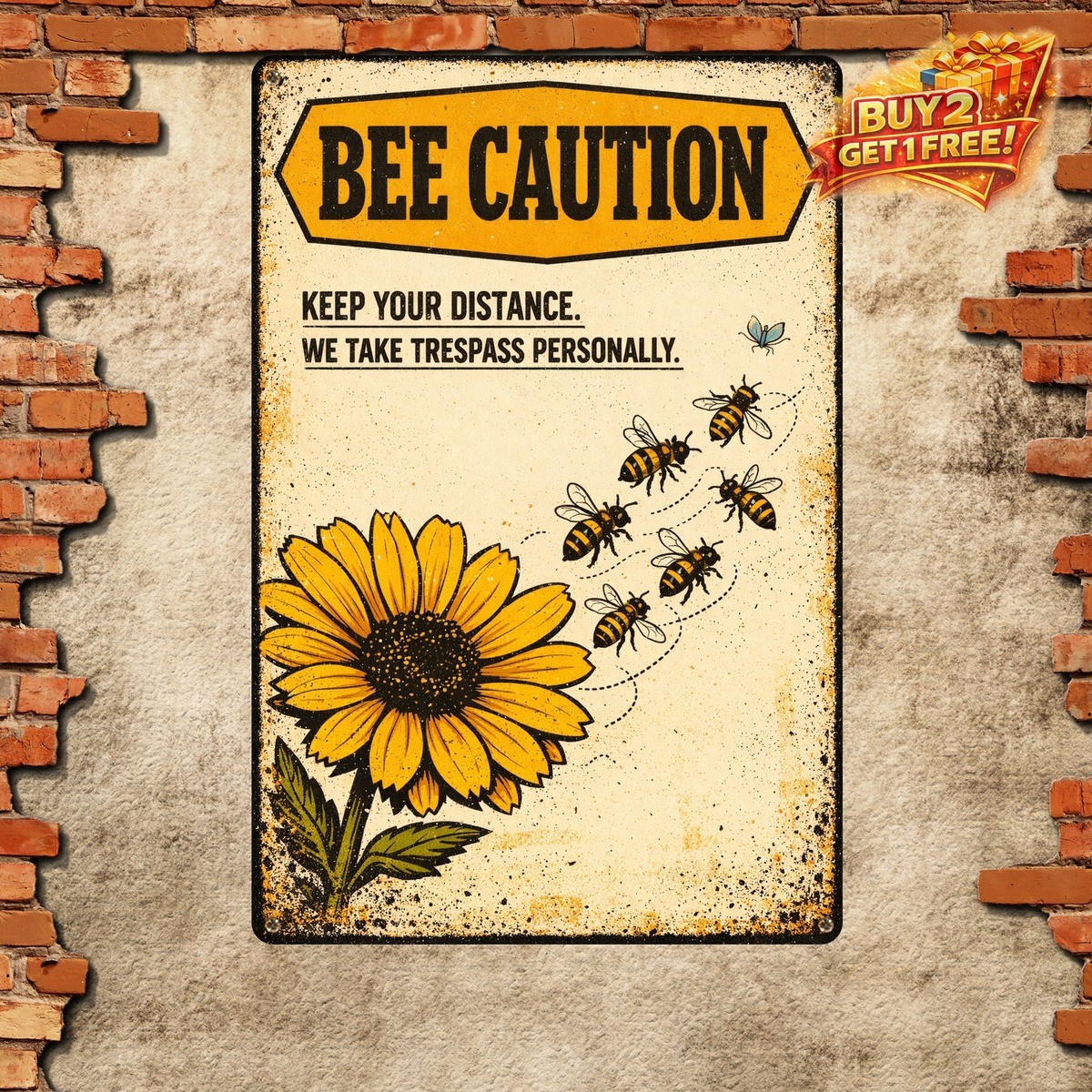 Honeybee Swarm Illustration Funny Bee Warning Metal Wall Decor 8x12