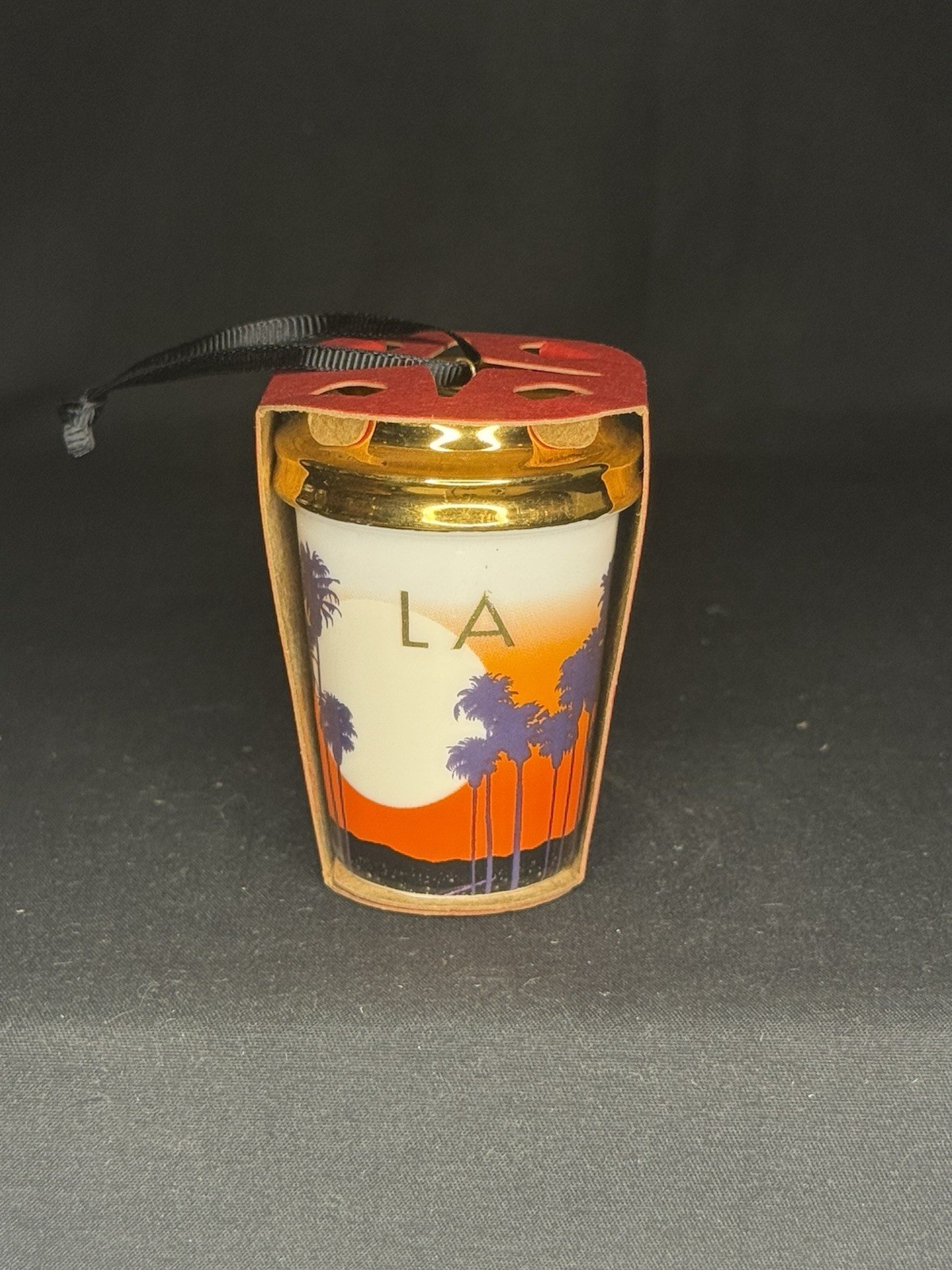Starbucks 2015 LA Christmas Ornament Ceramic Coffee Cup Las Angeles Gold Lid New