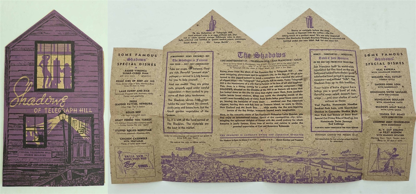 1940s antique SHADOWS OF TELEGRAPH HILL MENU san francisco ca MAILER WWII