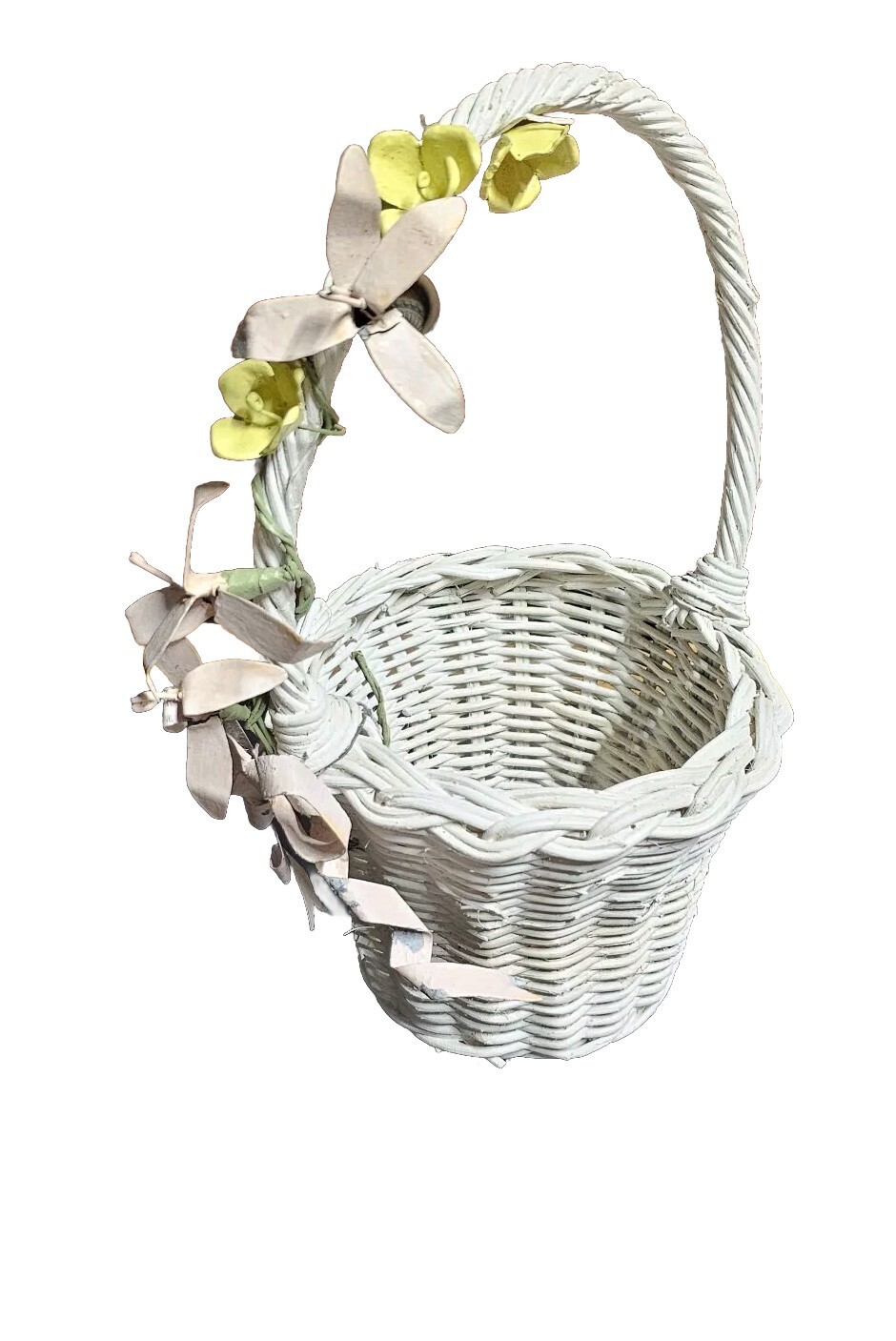 Vtg White Wicker Rattan Basket Acrylic Flowers Cottage Chic MCM 50s 60s 13