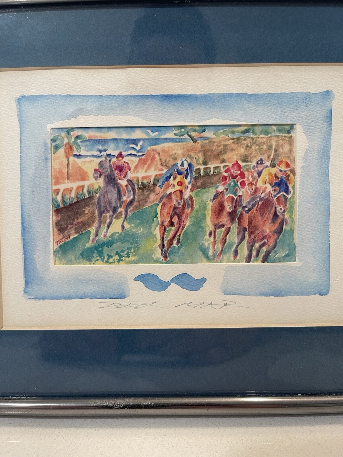 UNKNOWN ARTIST, Original Watercolor, Del Mar, California Horse racing. Framed.