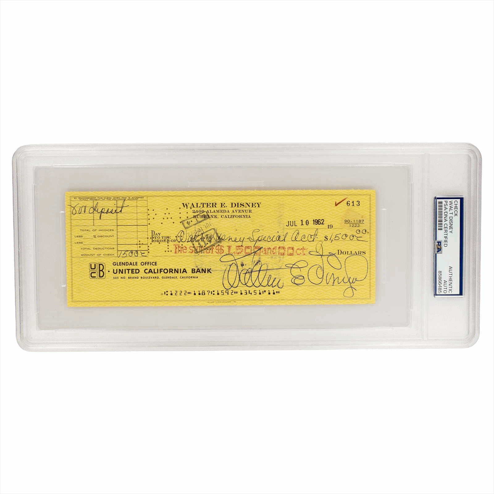 Walt Disney Triple Signed Check PSA/DNA Certified Authentic Auto