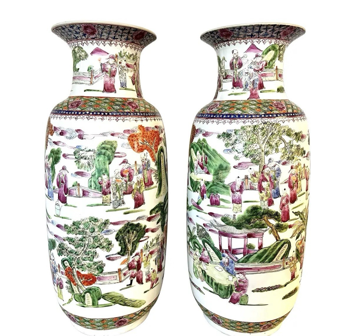 Magnificent Pair of Tall Chinese Famille Rose Porcelain Urns Vases Vessels