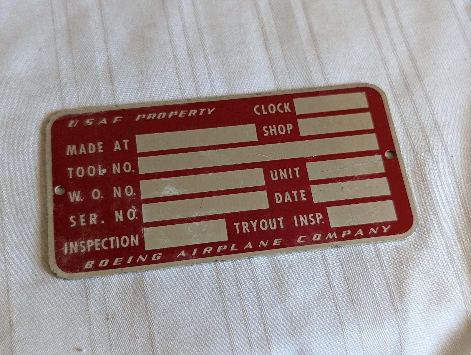 Boeing Airplane Company USAF Property red data plate unused